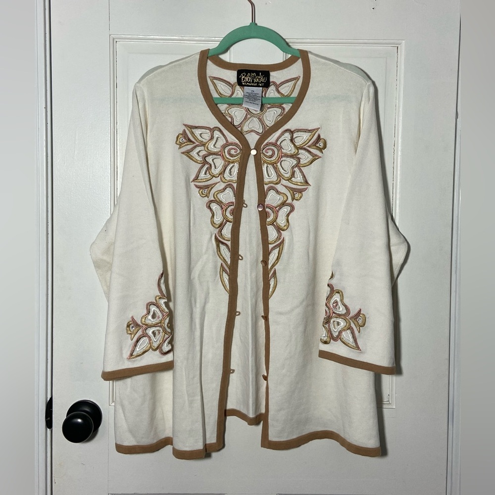Bob Mackie Wearable Art Cream and Tan Embroidered Button Down Cardigan